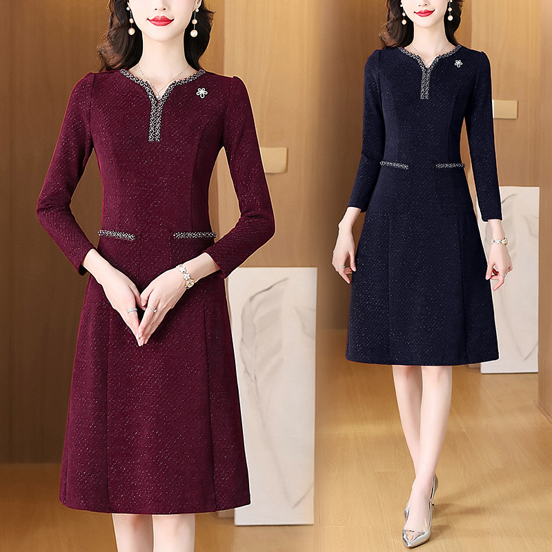 Elegant Mother's Long-Sleeved Dress for Women, 2026 Spring and Autumn New Style, Middle-Aged, Elegant, Plus Size, Slimming, Age-Reducing A-Line Dress