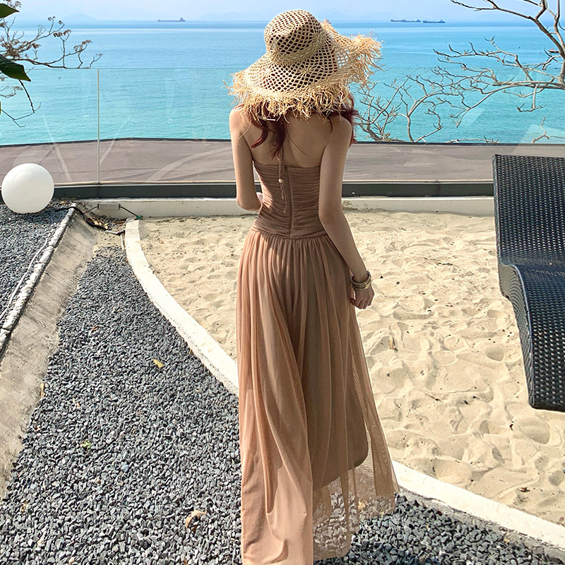 Greek Goddess Style Strapless Mesh Halter Backless Dress for Women, Waist-Cinching, Slimming, Perfect for Island Vacations, Stunning Long Dress