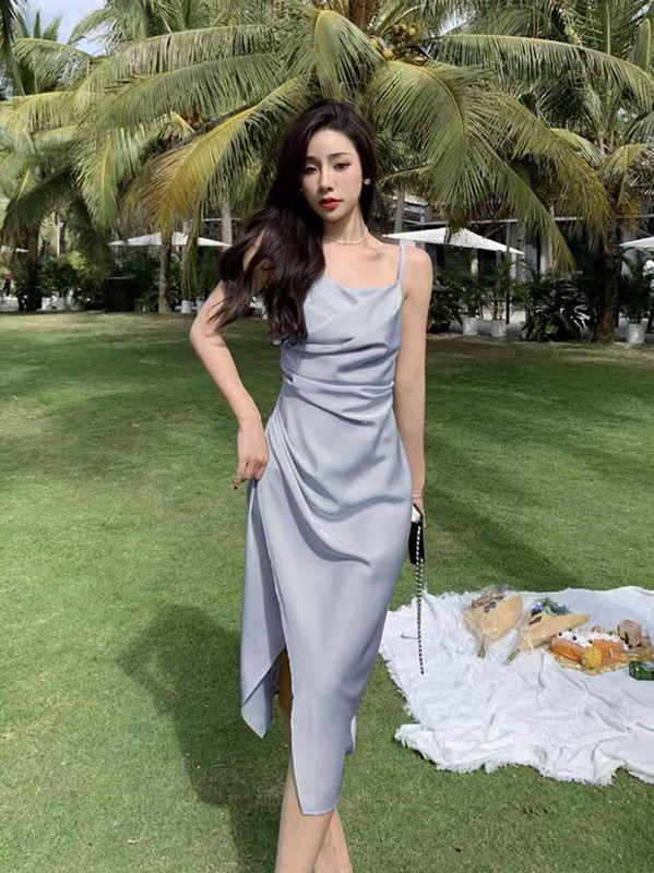 French-Style Blue Spaghetti Strap Dress with Satin Texture, High-End Slim Fit, Elegant Design, Niche Long Dress for Women in Summer French-Style Blue Spaghetti Strap Dress with Satin Texture, High-End Slim Fit, Elegant Design, Niche Long Dress for Women in Summer