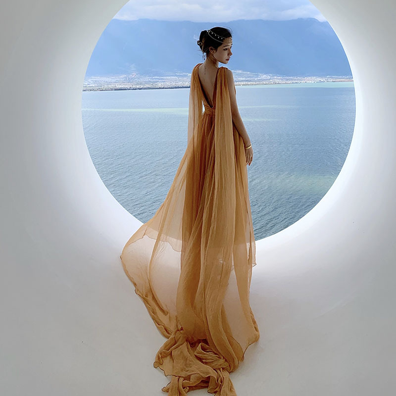 Beach Photography Outfit, Super Fairy-Like V-Neck Yellow Dress with a Trailing, Flowing Skirt, Beach Dress, Long Dress for Sanya Vacation