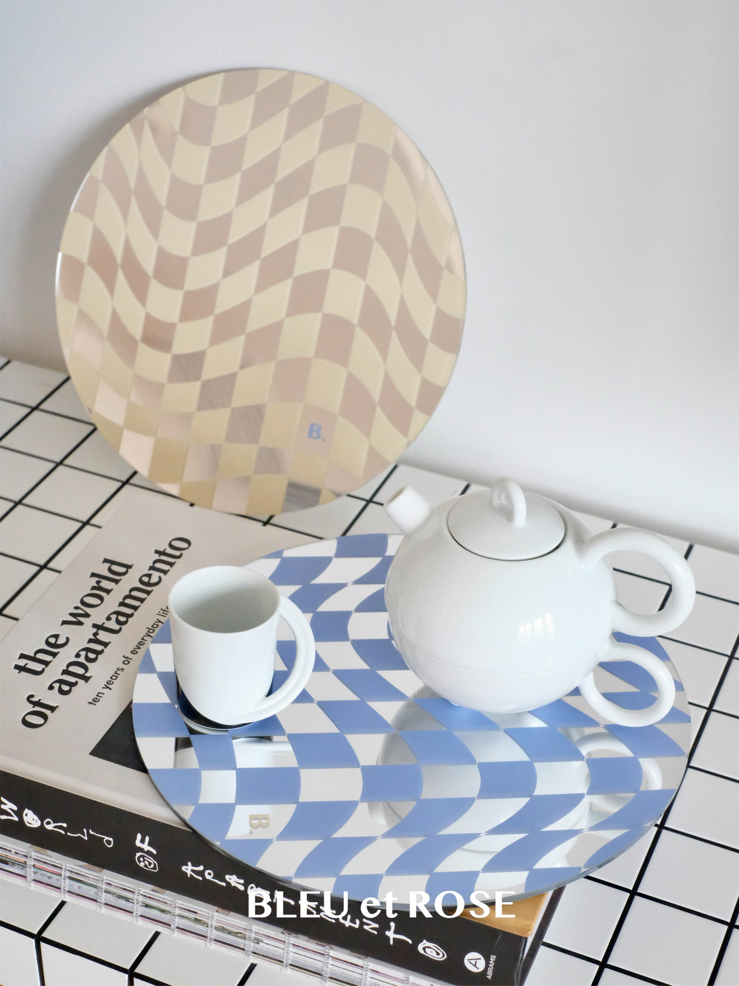 Acrylic tray Nordic ins round chessboard coaster lattice mirror posing props mirror home decoration ornaments
