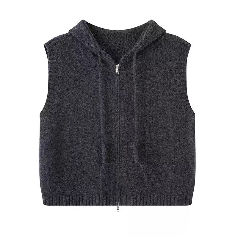 2025 Autumn/Winter New Hooded Zipper Sleeveless Wool Vest Cardigan for Women, Loose Knit Layered Vest Hoodie Trendy