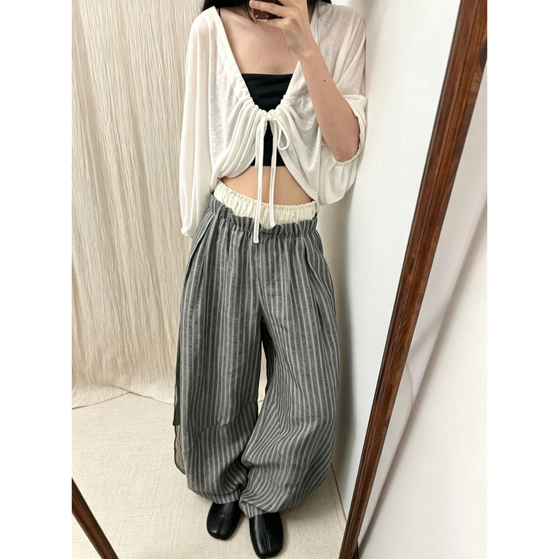 Now [Same Style as Song Zuer Nana] Linen Double-Waist Floral Patchwork Striped Loose Wide-Leg Straight Pants