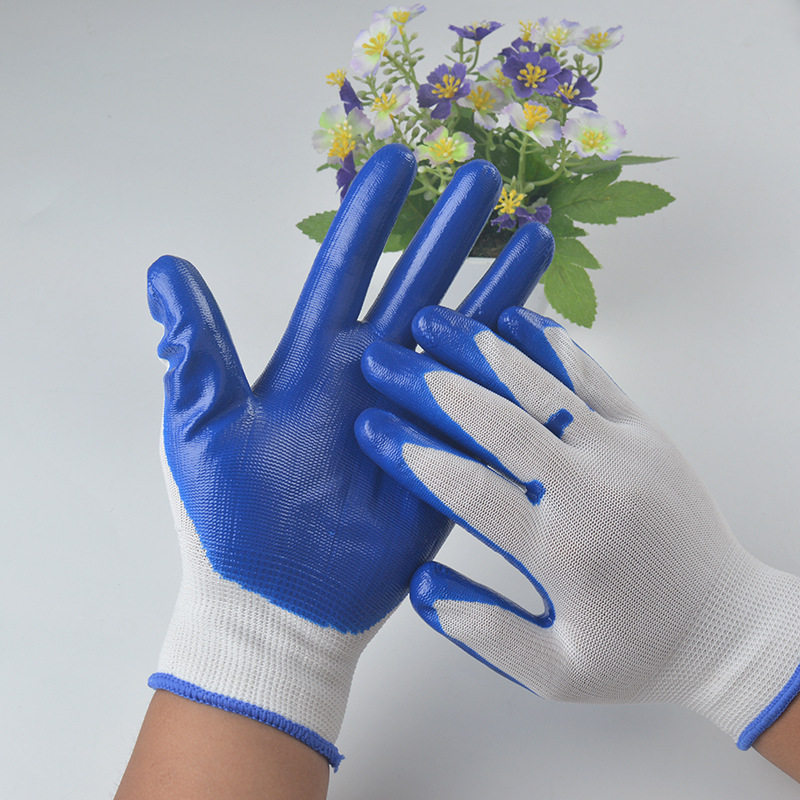 13-pin nylon blue ding Qing labor gloves hanging glue gloves dipped glue gloves half glue gloves