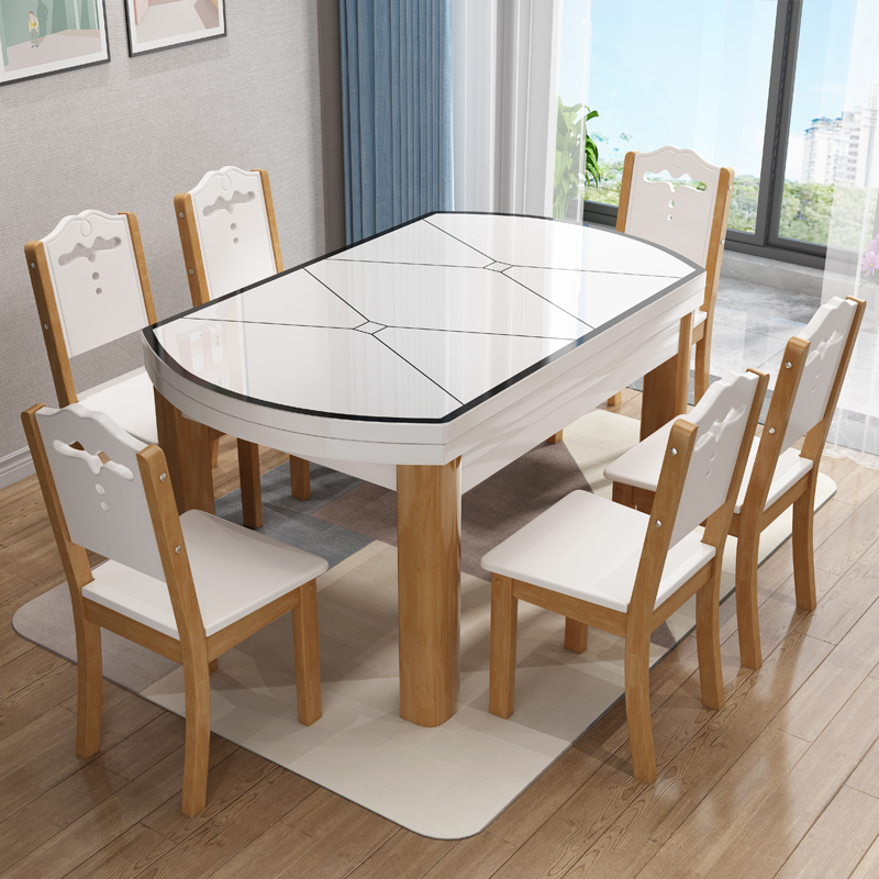 Solid Wood Dining Table and Chair Combination, Retractable and Foldable Tempered Glass with Induction Cooker, Modern Simple Small Apartment Dining Table Solid Wood Dining Table and Chair Combination, Retractable and Foldable Tempered Glass with Induction Cooker, Modern Simple Small Apartment Dining Table