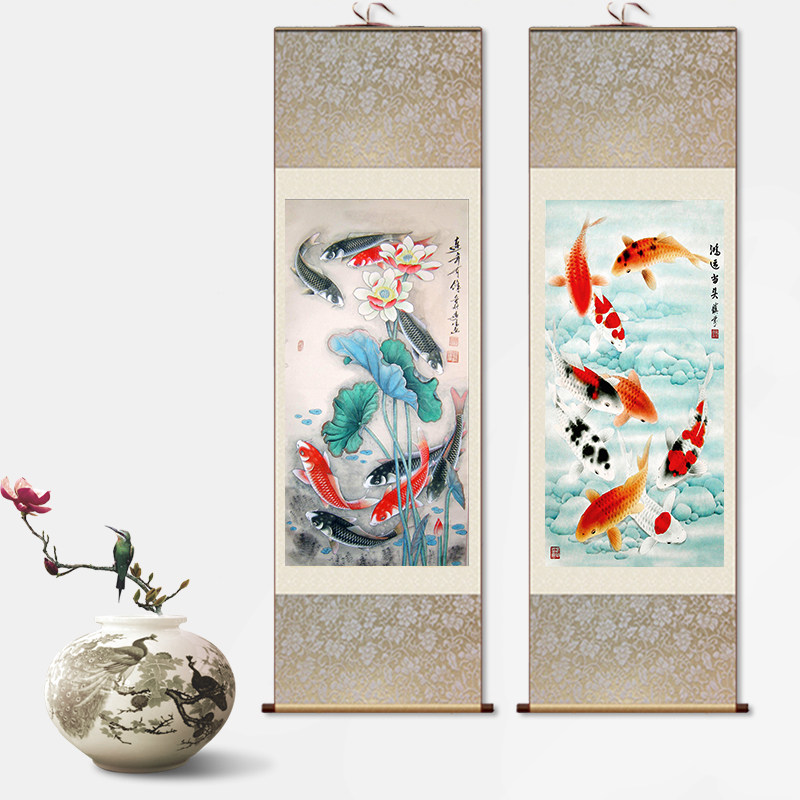 Year year, there are fish masonry hanging painting of the Chinese drawing room tea building decoration painting Chinese household recruitment painting silk painting scroll painting