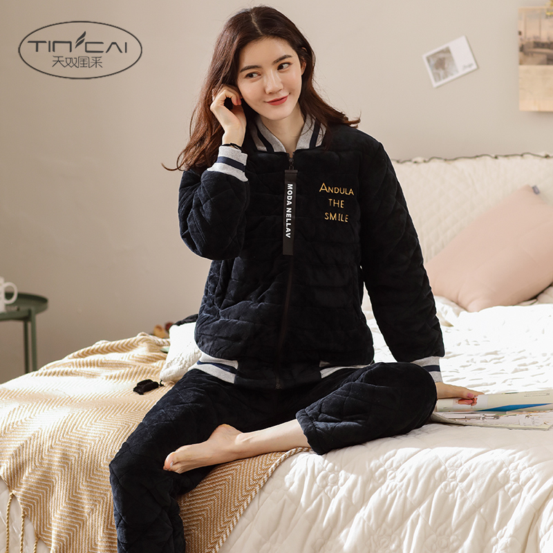 Pajamas Woman Autumn/Winter Triple Clip Cotton Thickened Warm Velvet Super Thick Coral Suede External Wear Winter Flannel Suit