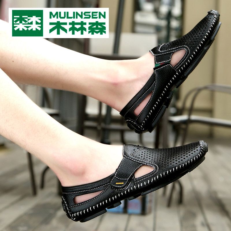 Wood Linson Genuine Leather Sandals Men's Damp Summer Men's Baotou Leisure Soft Bottom Beach Cave Shoes Non-slip Male summer