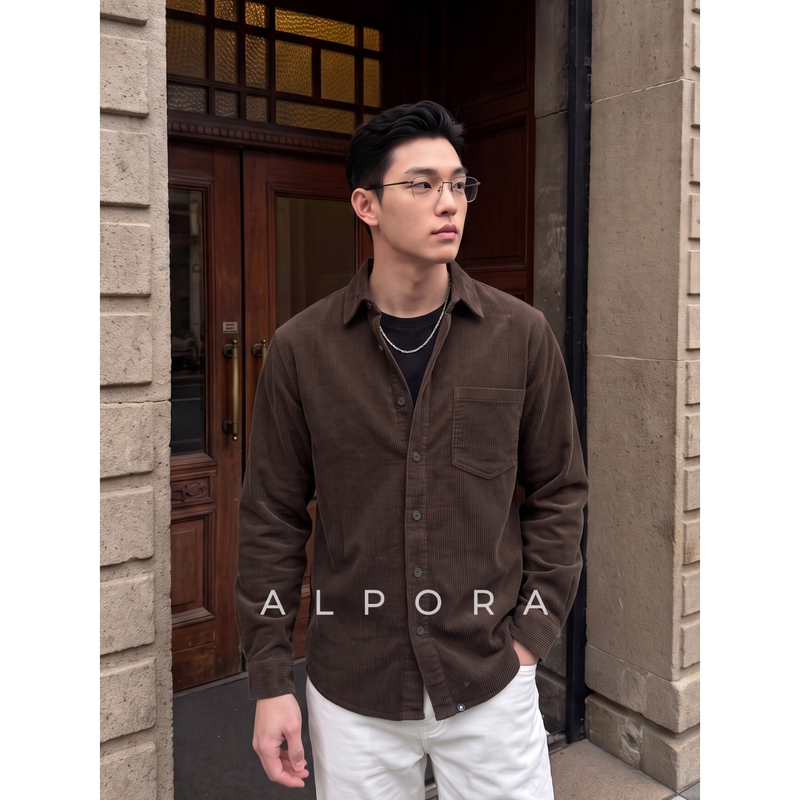 Alpora Men's Textured Corduroy Long-Sleeved Shirt Autumn and Winter Old Money Pure Cotton Lapel Shirt Casual Top
