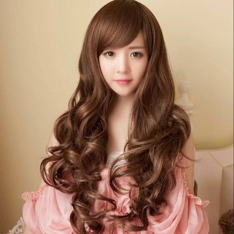 Wig female long curly hair oblique bangs big waves invisible seamless fluffy natural realistic new wig full head