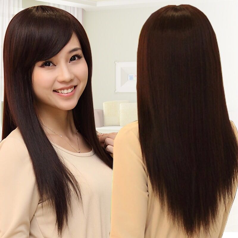 Wig female oblique bangs long straight hair female long hair fashion temperament realistic and natural whole wig headgear