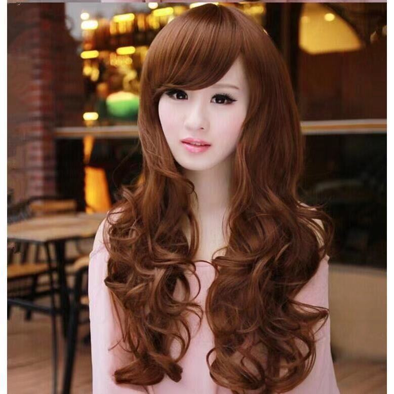 Wig female long curly hair oblique bangs fashion female long hair 2019 new cute pear flower head big wave full headgear