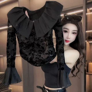 Sexy bottoming shirt with lotus leaf collar and mesh flocking design