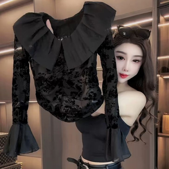 Sexy bottoming shirt with lotus leaf collar and mesh flocking design