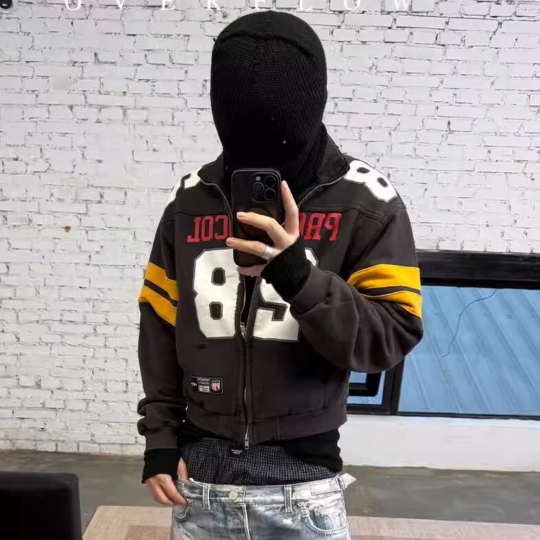 Grailz Learl Project 25Fw Distressed Embroidered Patch Football Uniform Stand Collar Jacket Sweatshirt Coat