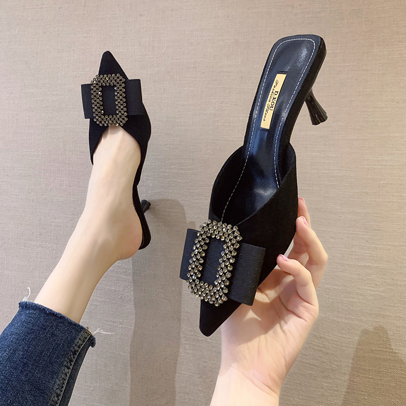 Open-Toe Mules for Women, Suitable for Outdoor Wear, 2026 Summer New Style, Versatile Rhinestone High Heels for Fitting Rooms, Slip-On Mules