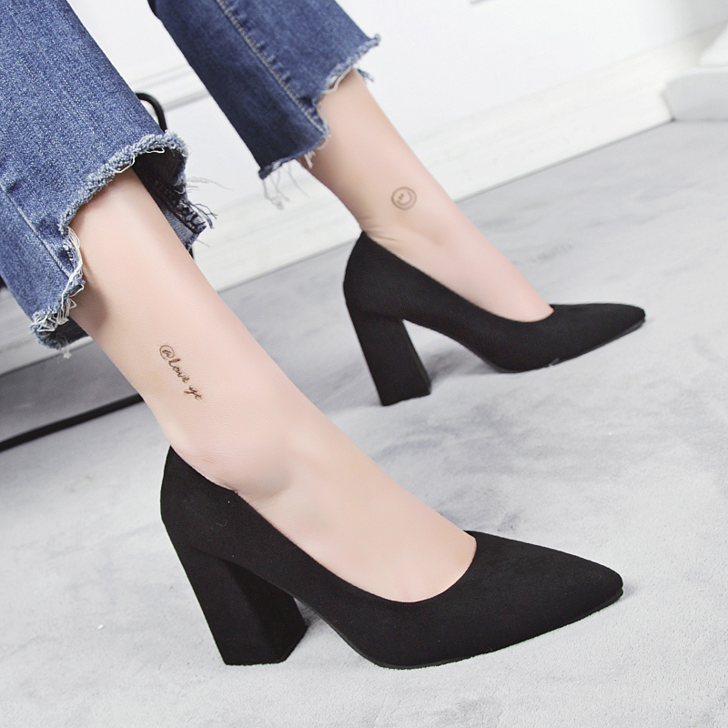 Black High-Heeled Shoes 2026 Spring New Versatile Work Shoes for Women Korean Style Pointed Toe Shallow Suede Chunky Heel Single Shoes Black High-Heeled Shoes 2026 Spring New Versatile Work Shoes for Women Korean Style Pointed Toe Shallow Suede Chunky Heel Single Shoes