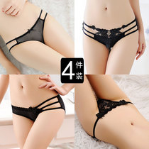 4-pack sexy womens low-rise lace panties Flower transparent ultra-thin ice silk breathable mesh briefs