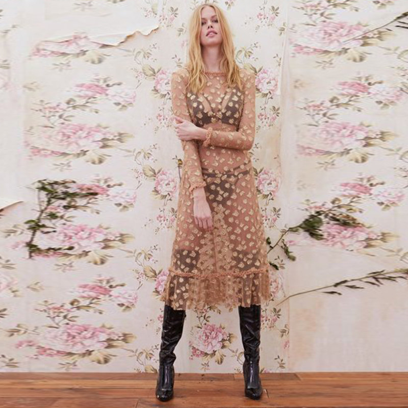 For Love & Lemons 2017秋新品金色蝴蝶绣花网纱透视连衣裙裸肤色
