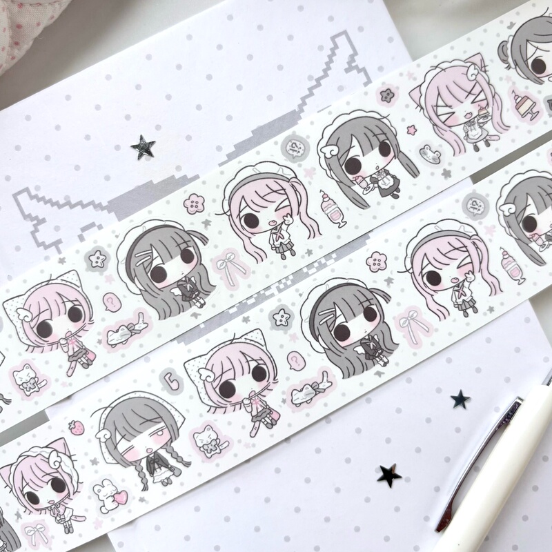 Melo Original Sticker Roll | Pink and Black丘丘 Character Die-Cut Tape for Journal Decoration