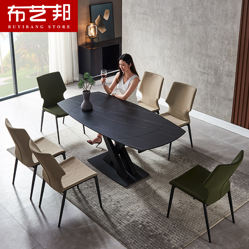 Italian style rock plate table rectangular pole minimalist home Nordic dining table and chairs combined small family type telescopic rotary table