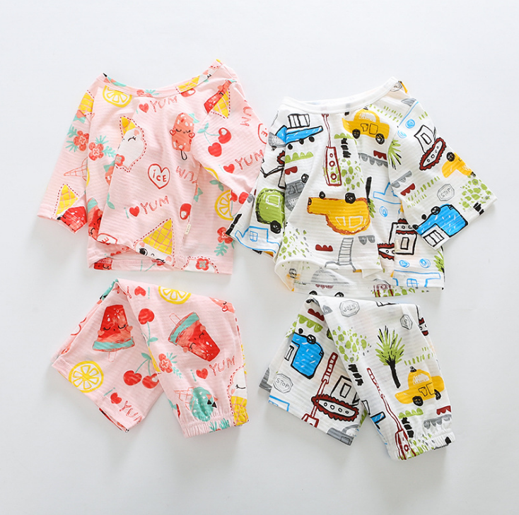 Baby Bamboo Festival Cotton Pyjamas Summer Ultrathin Children Pure Cotton Medium Sleeves 50% Pants Suit Men And Women Air Conditioning Suits