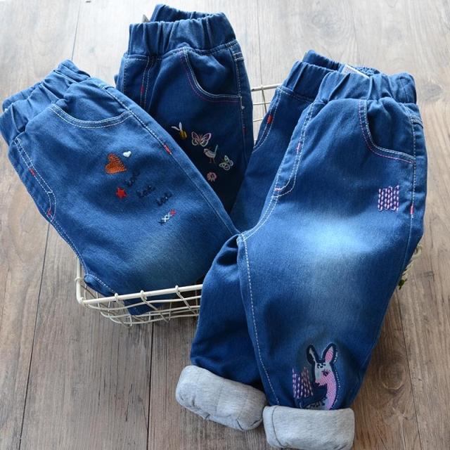 Girl Clip Cotton Jeans 2021 Autumn Winter New Children Embroidery Thickened Warm Cotton Pants Baby 100 Hitch Pants