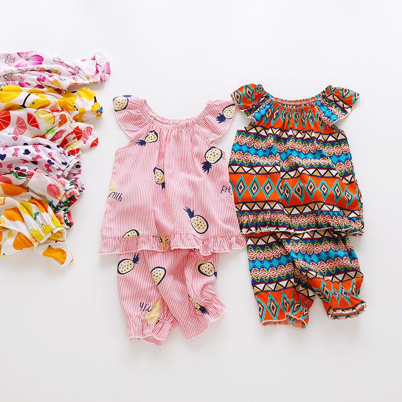 Summer girl flying sleeves Mianlin pyjamas woman baby artificial cotton vest horse pants suit in children's home air conditioning