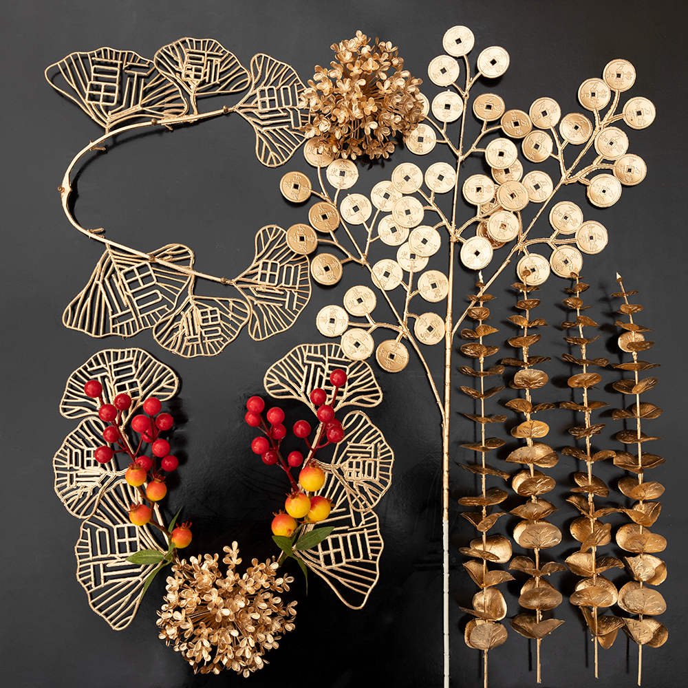 New Year's fortune Bucks flower arrangements golden small flabellum Eugalie Fat fruits Red fruits Wedding Celebration Golden Ensemble emulated floral material Leaf-Taobao
