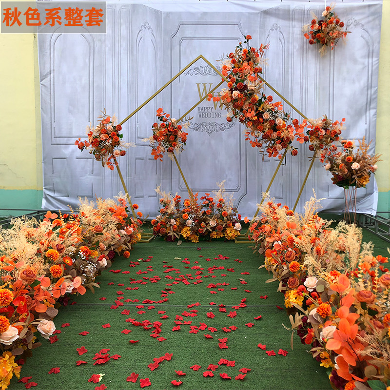 Autumn orange red wedding decoration decoration flower row props flower door arch row flower road lead catwalk simulation silk flower wedding