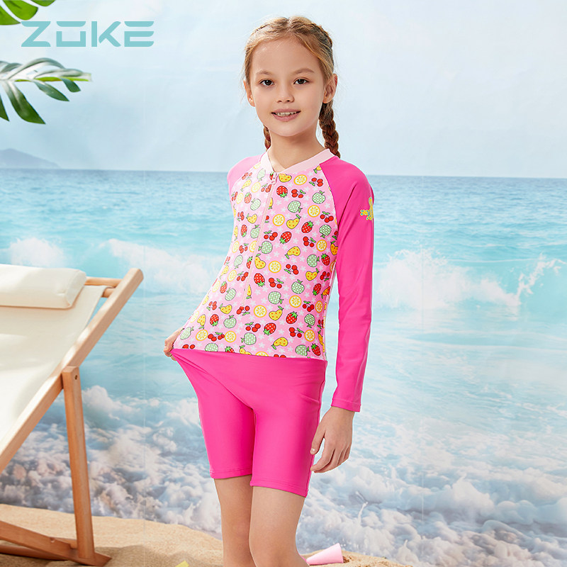 Zhouke children's swimsuit girls summer long-sleeved sun protection 2024 new hot spring medium-sized children one-piece girls swimsuits