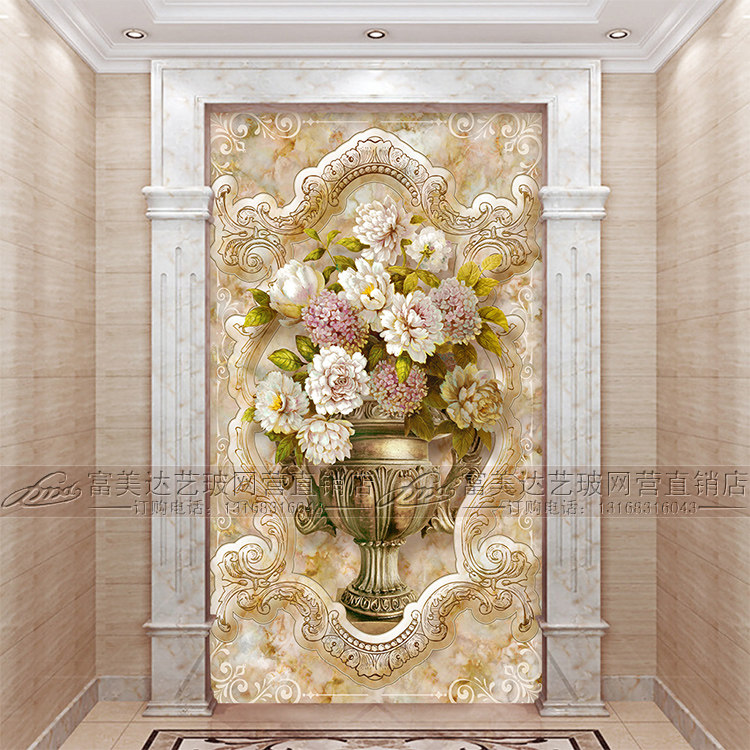 European art glass screen partition Translucent carving frosted living room entrance background wall painting flowers bloom
