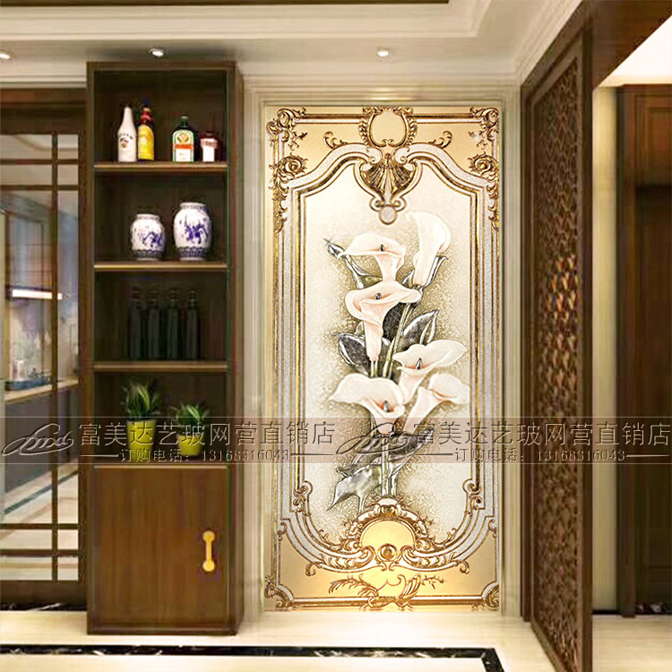 European art glass living room decoration entrance background wall painting Custom screen partition Light transmittance process moving door