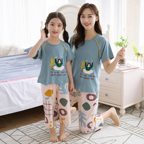 Girls cotton pajamas summer short-sleeved Capri pants home clothes parent-child dress childrens middle-aged pajamas set cute