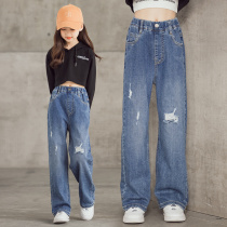 Spring-wear girls wide-legged pants loose foreign childrens straight pants ripped long pants outside wear medium and old children pants slacks