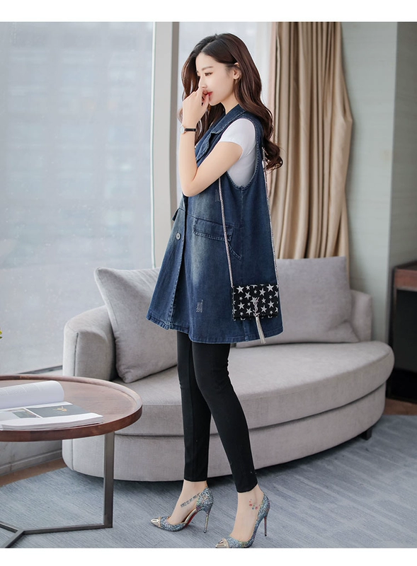 Chất béo MM thời trang kích thước lớn nữ vest nữ 2018 new denim vest mùa xuân và mùa thu mới dài vest áo khoác