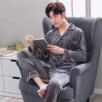 Golden velvet couple pajamas womens spring autumn and winter New long sleeves Korean coral velvet plus size home wear mens suit