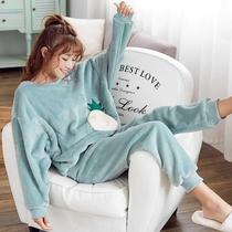 Autumn and winter coral velvet pajamas womens long sleeves Korean version plus velvet padded Korean cute student flannel home set