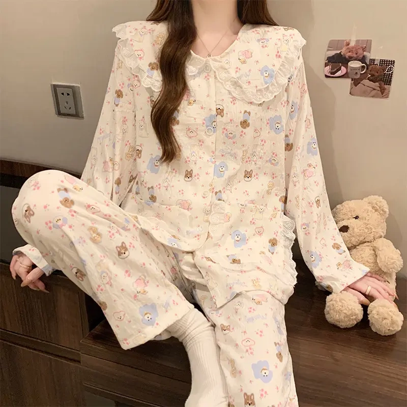New Cartoon Lace Doll Collar Cloud Cotton Long-Sleeved Pajamas for Women, Spring and Autumn Style, Winter Sweet Style Home Wear New Cartoon Lace Doll Collar Cloud Cotton Long-Sleeved Pajamas for Women, Spring and Autumn Style, Winter Sweet Style Home Wear