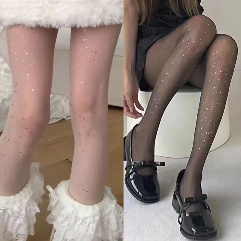 Sparkling Galaxy Glitter Black Stockings for Women - Shiny, Slimming, Anti-Snag, Thin, Sheer Pantyhose