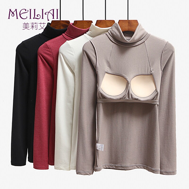 Mid and high collar ladies heat clothes outer wear with chest pad autumn clothes thin section long sleeve inner wear free wear bra top winter