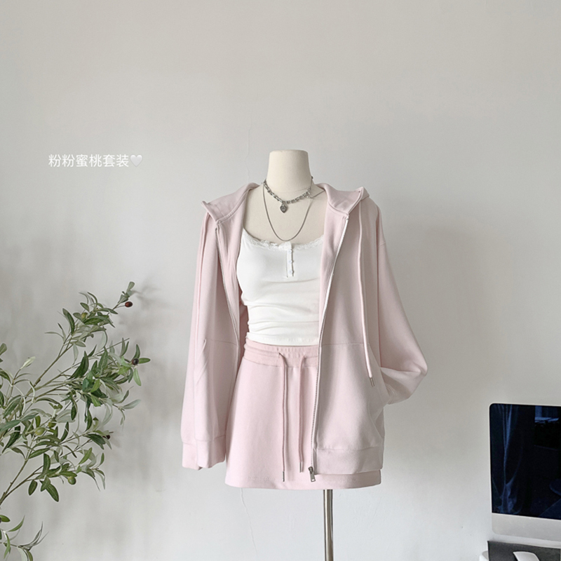 Duolai Mei 【Pink Peach Set~】 Hooded Sweatshirt Jacket for Women, Early Autumn New Style, Lazy Style Pink Top