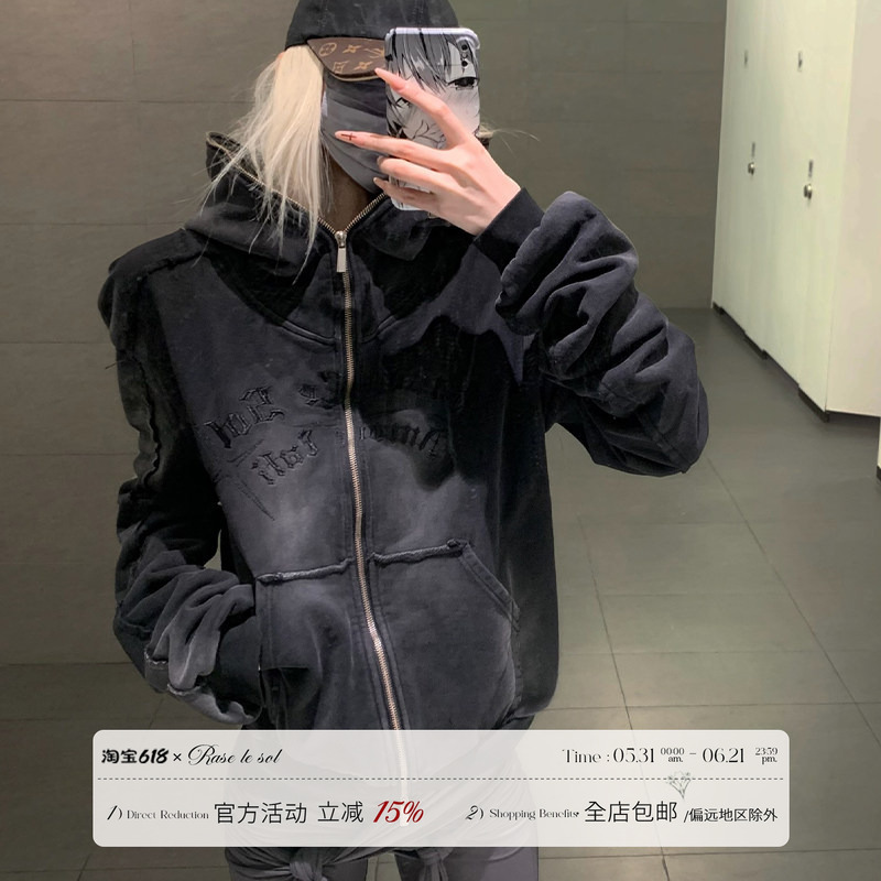 Rase Le Sol'Shadow Strays' American Retro Washed and Distressed Hooded Sweatshirt Zipper Jacket