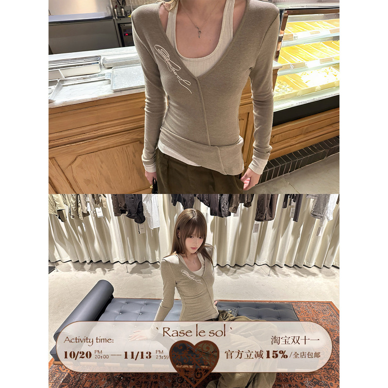 Rase Le Sol'Twin Secret' V-Neck Printed Two-Piece Long-Sleeved Top with Waist-Cinching Design for a Slimming Look