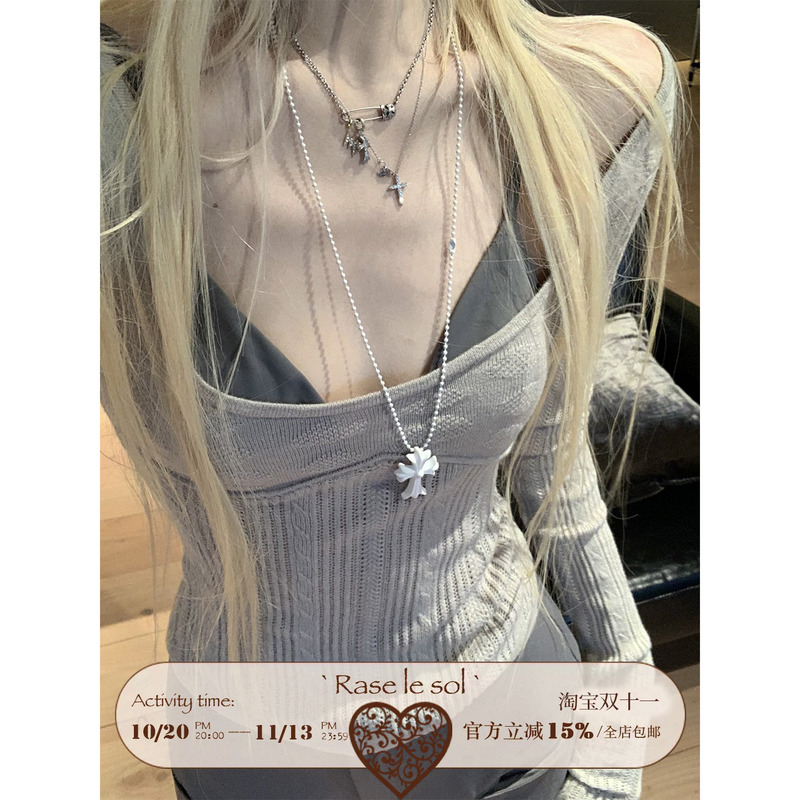 Rase Le Sol'Mist Kiss' Gray Hollow-Out Knit Sweater Slim-Fit Long-Sleeve Base Shirt Pullover Sweater