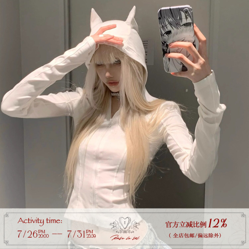 Rase Le Sol'Devil's Horn' Devil Horn Hooded T-Shirt Slim Fit Waist-Cinching Short Long-Sleeved Top Rase Le Sol'Devil's Horn' Devil Horn Hooded T-Shirt Slim Fit Waist-Cinching Short Long-Sleeved Top