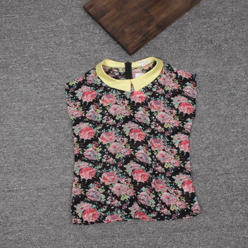 Lapel-spliced floral short-sleeved chiffon blouse women's summer 2022 new semi-sheer loose pullover foreign pie blouse