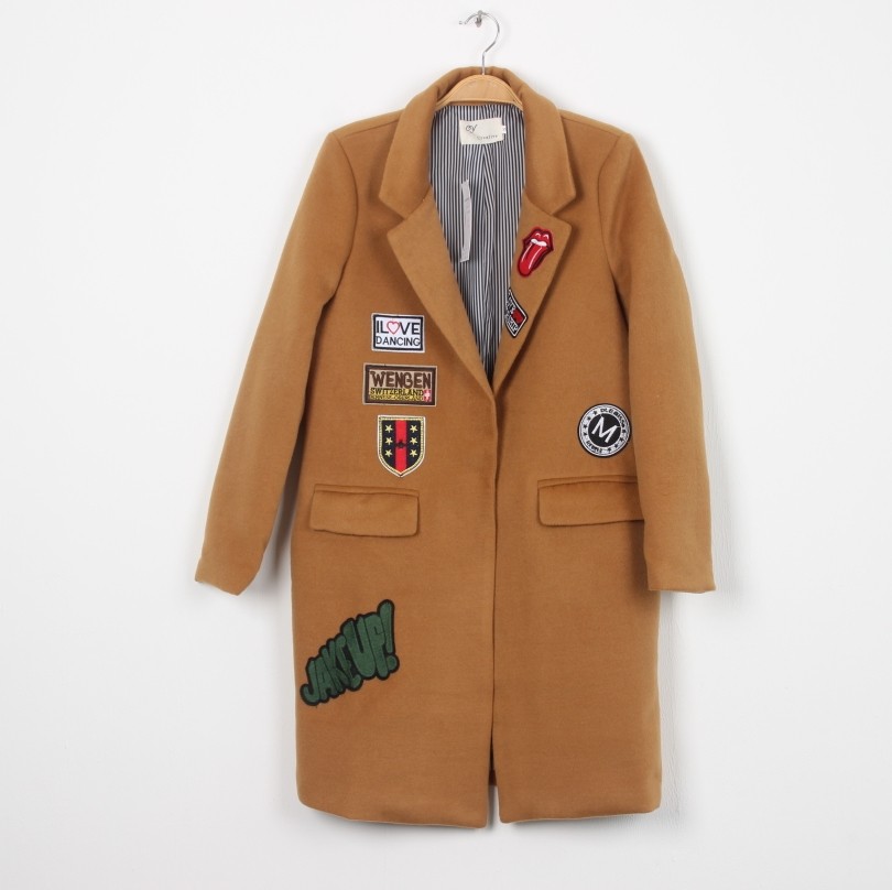 Letter cloth stickers loose large version suit lapel mid-length woolen coat women's 22 spring and autumn trend new Korean