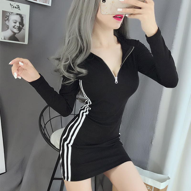 Nightclub dress small sub black Deep V Sexy workout short bag Hip Dress Woman Tight Sports Casual T-shirt Dress