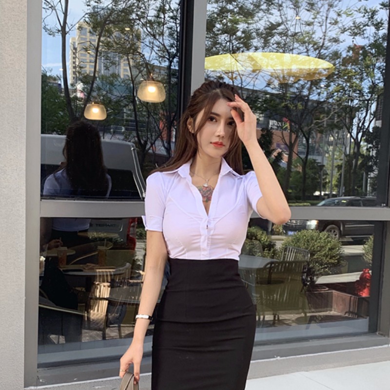 White slim fit tight V-neck low-cut sexy shirt high waist skirt professional suit women's summer foot bath overalls
